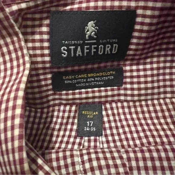 STAFFORD red and white long sleeves button down mans shirt size 17/ 34-35 - Picture 3 of 4